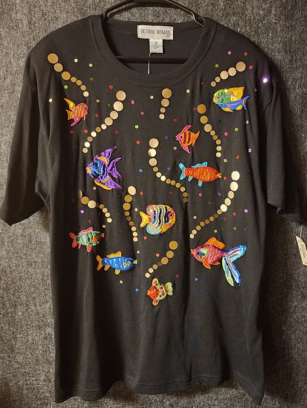 NWT, Victoria Woman Black Tshirt, W-2XL, Maybe Vintage, Rare, Applique Fish